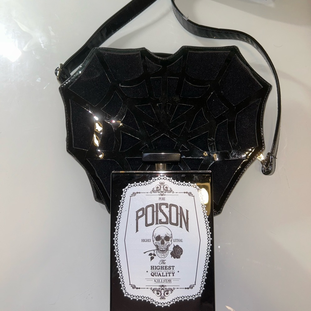 Killstar Black Spiderweb Patent Crossbody with Poison Bottle Charm